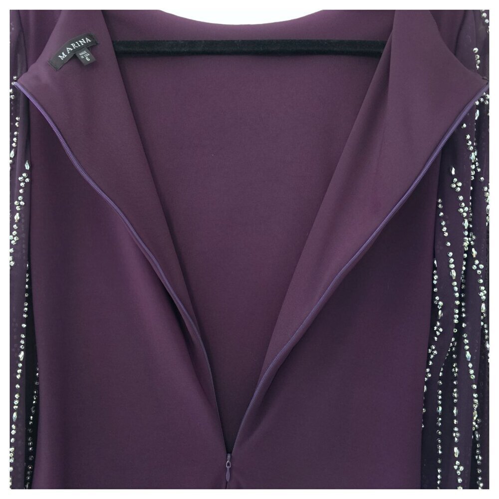 Marina Beaded Mesh Long Sleeve Side Drape Cocktail Dress Size 6 Plum Stretch - Picture 6 of 8